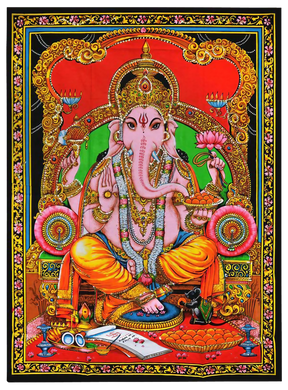 Colorful 54" x 86" Oriental Ganesh Tapestry made of cotton from India, front view on white background