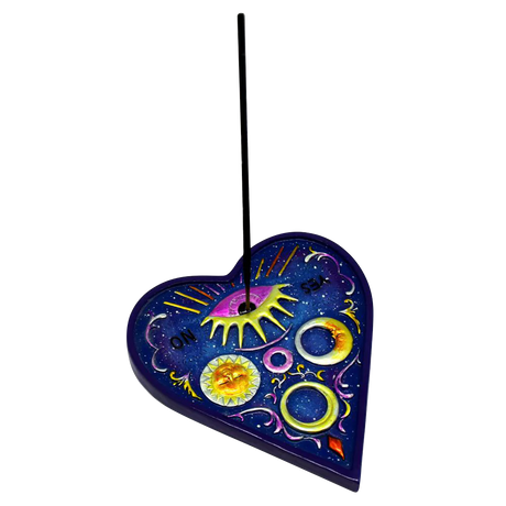 Blue Ouija Planchette Incense Burner with celestial design, front view on white background