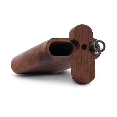 Bearded Distribution Stubby Wood Dugout with Glass Chillum in Mahogany - Angled View