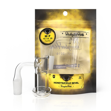Honeybee Herb Bangers Yellow Line, Honey Suckle Bevel 14MM-90, clear quartz on packaging