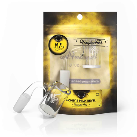Honeybee Herb Bangers with flat top design, 10MM-90 degree joint, clear quartz, front view on packaging