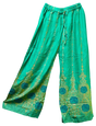 Emerald green Palazzo pants with intricate gold print, one size rayon material, front view on white background