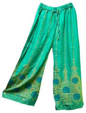Emerald green Palazzo pants with intricate gold print, one size rayon material, front view on white background