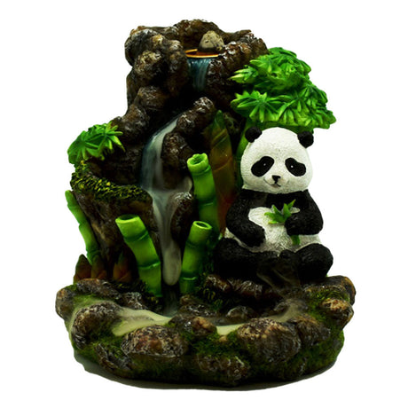 Polyresin Panda Backflow Incense Burner with Waterfall Design and Bamboo Detail