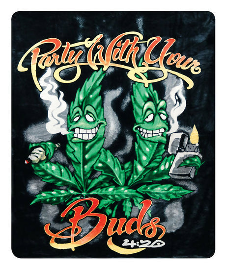 Party With Your Buds themed fleece blanket, large 76" x 92", cozy polyester fabric, front view