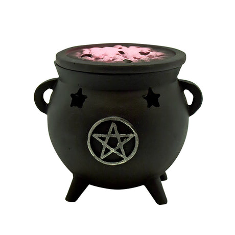 Polyresin Pentagram Cauldron Incense Burner, 3" high, with star cut-outs - Front View