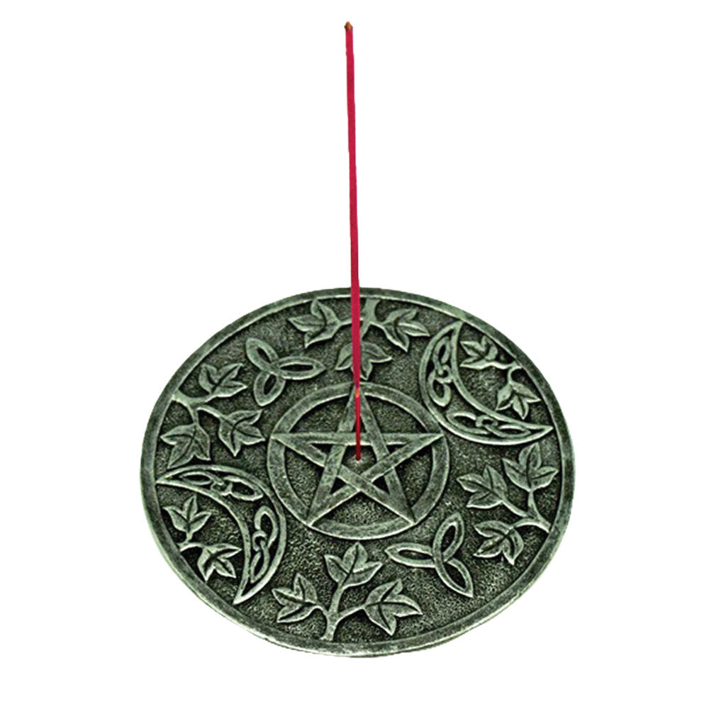 Polyresin Pentagram Round Incense Burner with a stick of incense - Top View