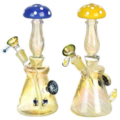 Perpetual Shroom Teacher Water Pipes, 8.25" tall, 14mm female joint, Borosilicate Glass, angled view