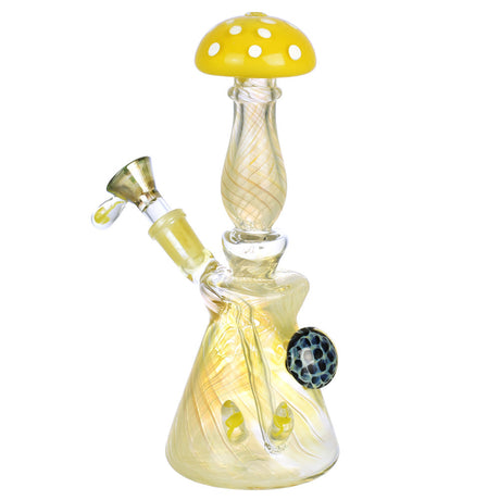 Perpetual Shroom Teacher Water Pipe, 8.25" tall, 14mm female joint, Borosilicate Glass, front view
