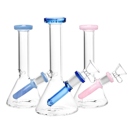 Petite Travel Beaker Water Pipes in blue, pink, and clear with 45-degree joints, front view