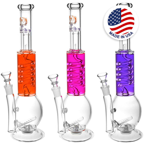 Phoenix Rising 14" Glycerin Twist Water Pipes in orange, pink, and purple glycerin, front view on white background