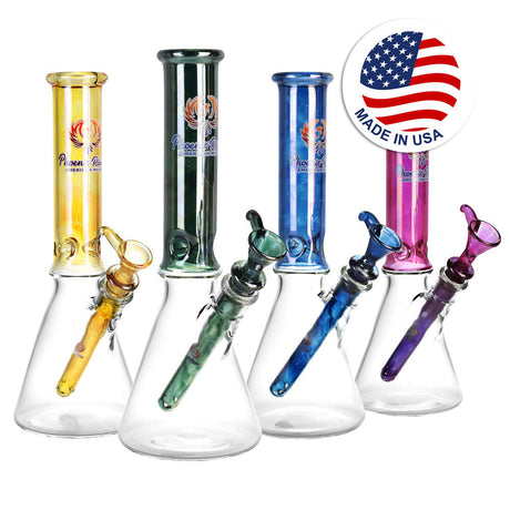 Phoenix Rising Metallic Beaker Water Pipes in various colors with deep bowls, front view, Made in USA badge