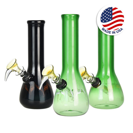 Phoenix Rising Mini Beaker Water Pipes in black, blue, and green borosilicate glass with American Glass Artistry