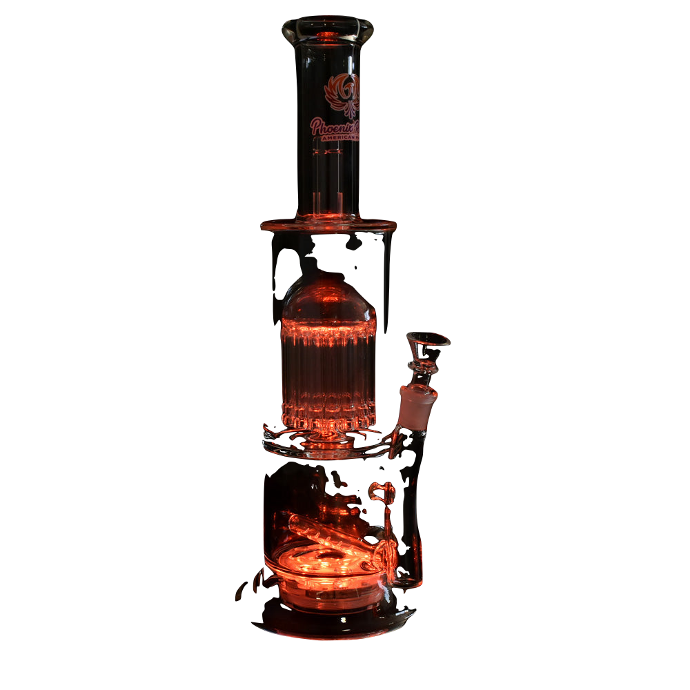 Phoenix Rising Private Party Water Pipe with Light, 14.5" tall, 14mm female joint, Borosilicate Glass, front view