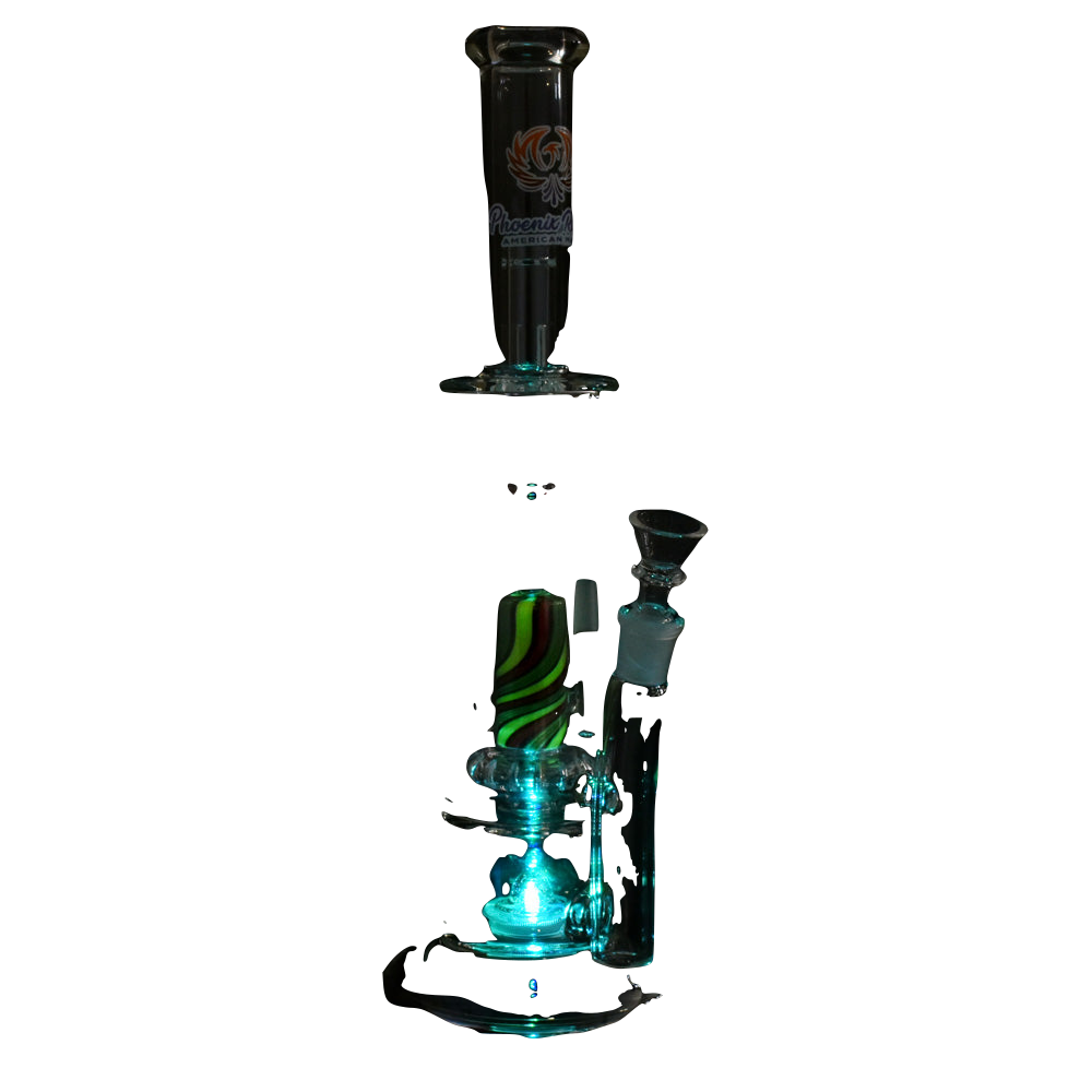 Phoenix Rising Radical Rebirth Water Pipe with light, 13.5" tall, borosilicate glass, front view