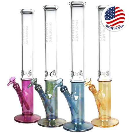 Phoenix Rising Straight Tube Water Pipes in various colors, front view, with American flag icon