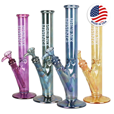 Phoenix Rising Shine Straight Slim Water Pipes in various colors, front view, made of Borosilicate Glass