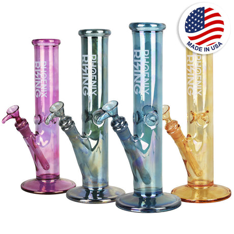 Phoenix Rising Shine Straight Wide Water Pipes in various colors, front view, 12" tall, 14mm female joint