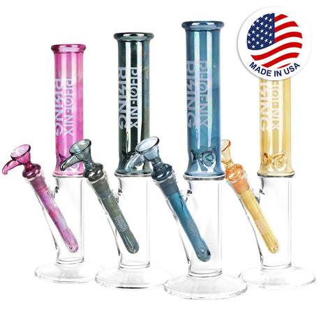 Phoenix Rising Shine Tops Slim Straight Water Pipes in various colors, 12" height, 14mm female joint, front view