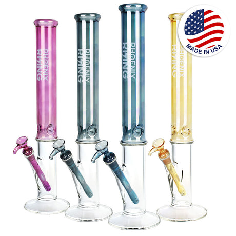 Phoenix Rising Straight Tube Water Pipes in various colors with deep bowls, front view, made in USA