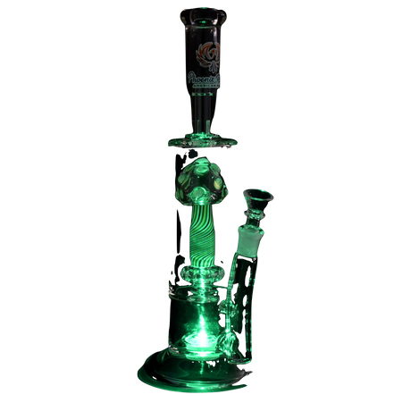 Phoenix Rising Shroom Rave Water Pipe illuminated, 13" tall, 14mm female joint, straight borosilicate glass