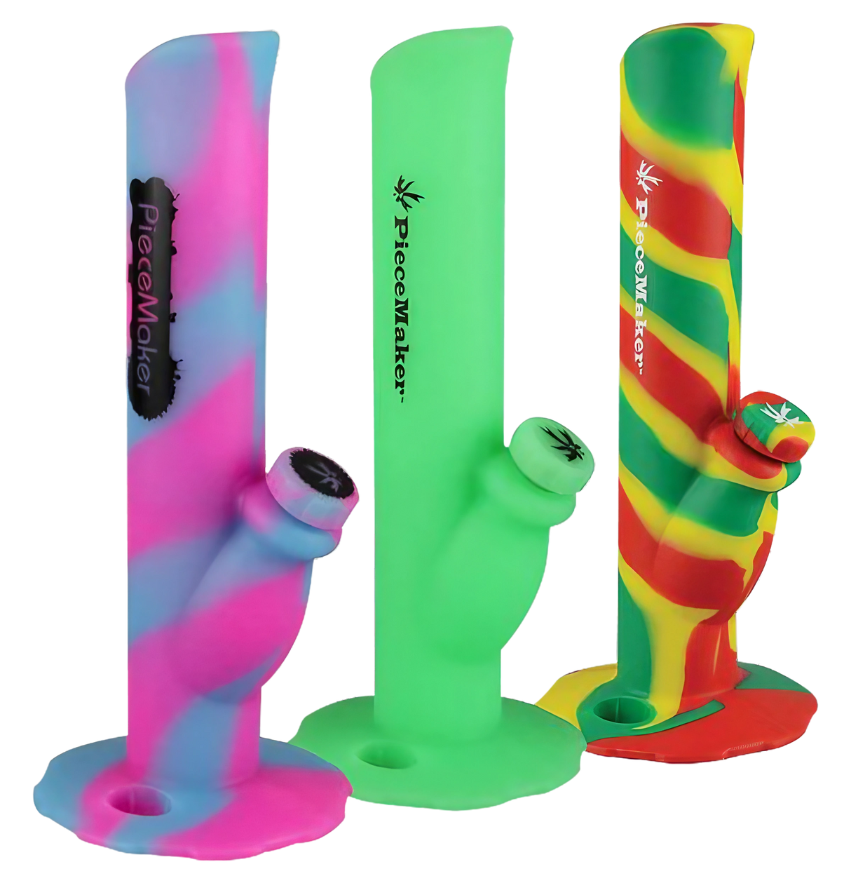 PieceMaker Kermit Silicone Water Pipes in tie-dye, green, and Rasta colors, front view