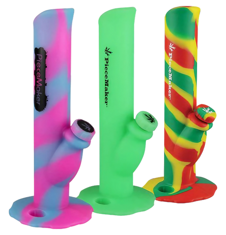 PieceMaker Kermit Silicone Water Pipes in tie-dye, green, and Rasta colors, front view