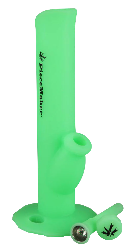 PieceMaker Kermit Silicone Water Pipe in glow-in-the-dark green, front view with removable bowl