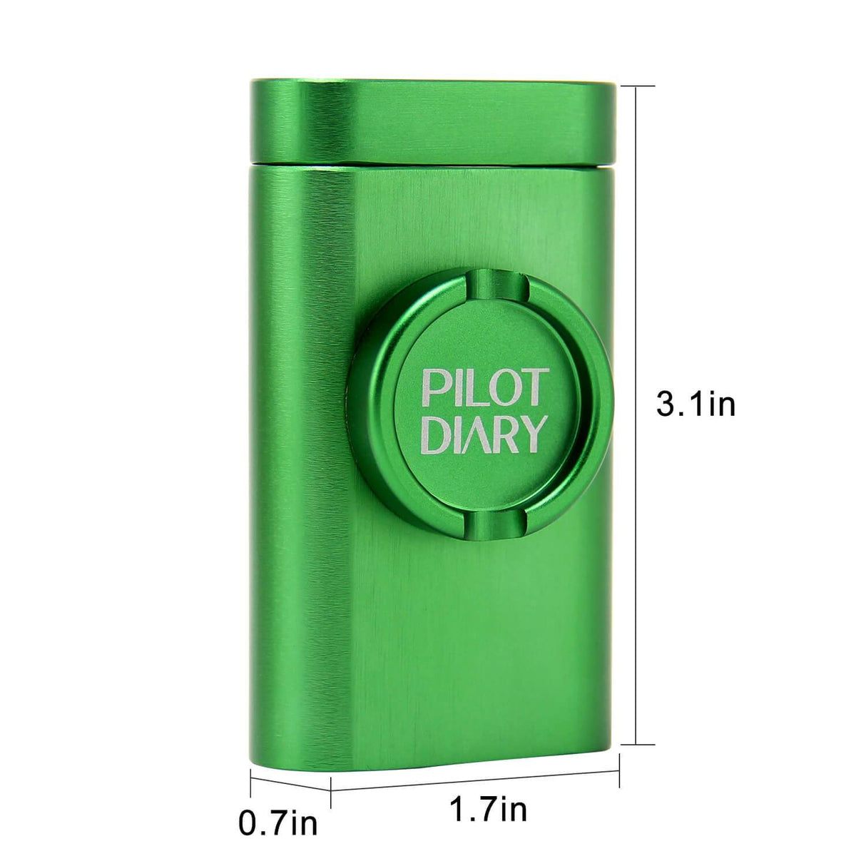 PILOT DIARY Green Dugout with Built-in Mini Grinder - Front View with Dimensions
