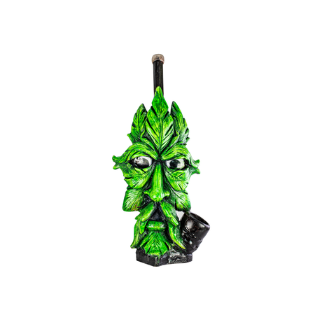 Medusa Customs Hand Carved Green Face Pipe, Intricate Leaf Design, Front View