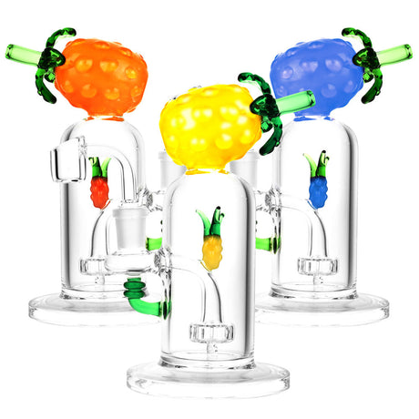 Colorful Pineapple Oil Rigs with Disc Percolator and 90 Degree Joint, Front View on White Background