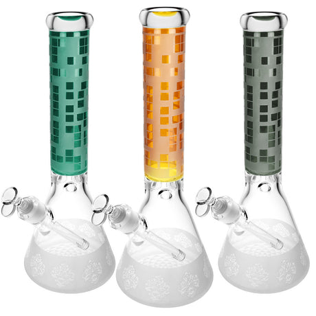 Pixelate Etched Beaker Water Pipes in green, yellow, and grey with slit-diffuser percolators