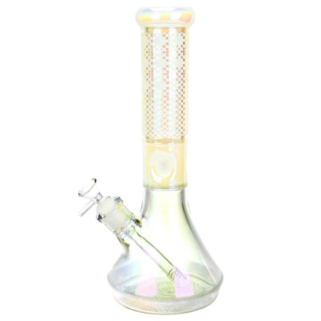 Iridescent Beaker Water Pipe with Pixelate Etching, Slit-Diffuser Percolator, Front View