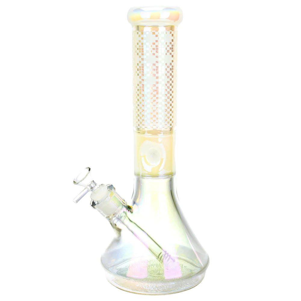 Iridescent Beaker Water Pipe with Pixelate Etching, Slit-Diffuser Percolator, Front View