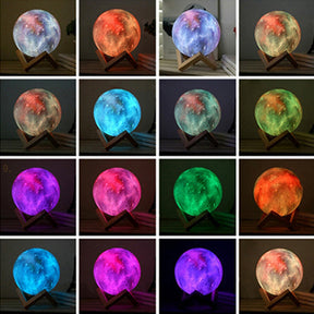 Planet Color Changing Cordless LED Lamp displaying various hues on a wooden stand