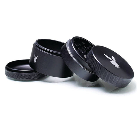 Playboy x RYOT Solid Body Grinder in Black, 4pc Aluminum Set, Front and Open Views