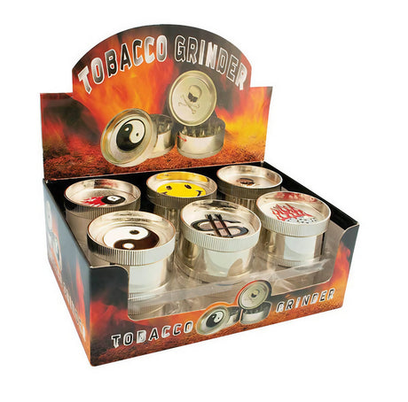 12-pack Pop Culture 3-Piece Metal Grinders with various designs, front view on display box