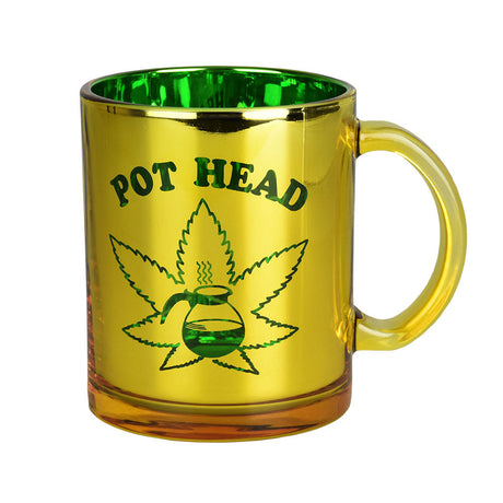 Metallic gold coffee mug with 'POT HEAD' and cannabis leaf design, 16oz borosilicate glass, front view