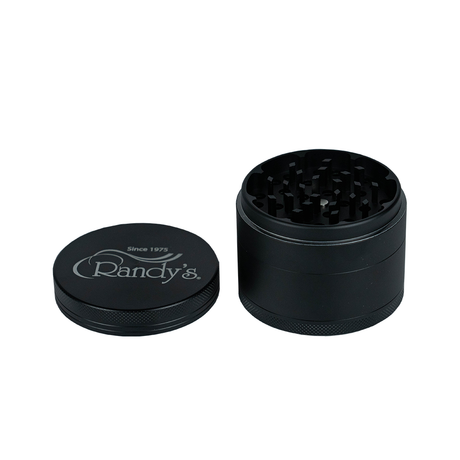 Randy's Revolution Grinder in Black 2.5" - Front View with Open and Closed Lids