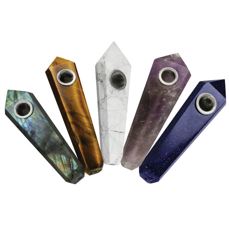 Assorted Precious Gemstone Hand Pipes, 15pc Kit, Angled View on White Background
