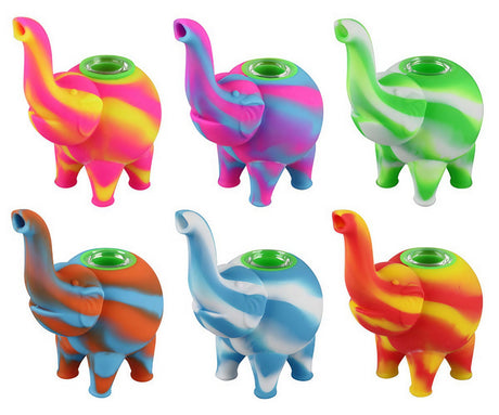 Colorful 4.5" Elephant Silicone Bubblers with Durable Design on White Background