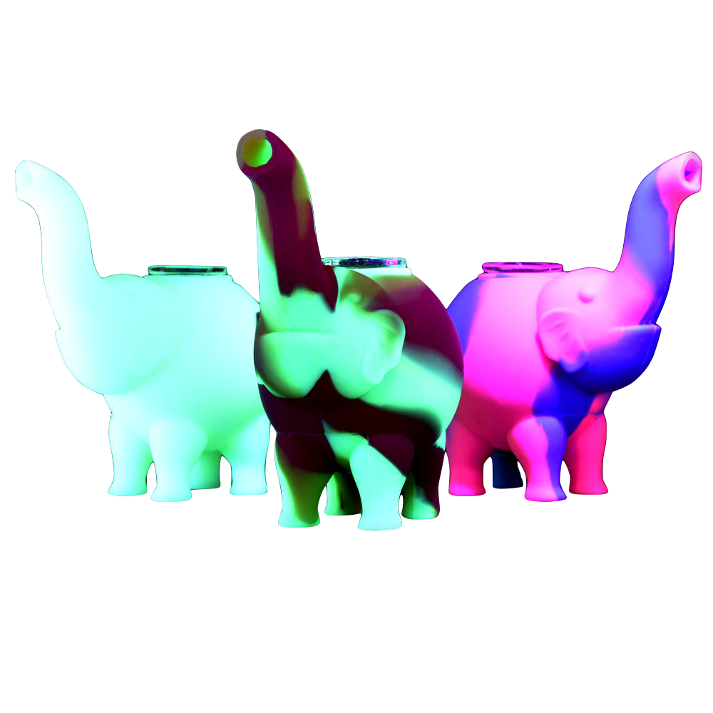 Colorful 4.5" Elephant Silicone Bubblers in a row on a seamless black background