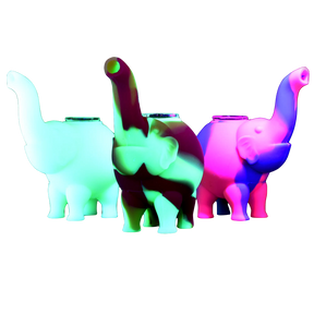 Colorful 4.5" Elephant Silicone Bubblers in a row on a seamless black background