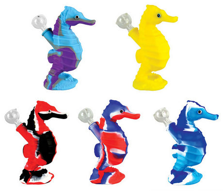 Assorted 6" Silicone Sea Horse Waterpipes with Glass Slides, Multiple Colors