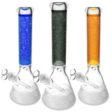 Primrose Etched Beaker Water Pipes in blue, green, and amber, with intricate designs and 45-degree joints