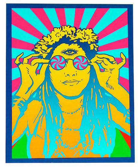 Vibrant Psychedelic Hippie Chick Vinyl Sticker with Third-Eye Design, 3.75" x 5" Front View