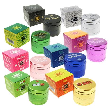 Assorted Puff Puff Pass 4pc Metal Grinders in Various Colors with Strain Labels