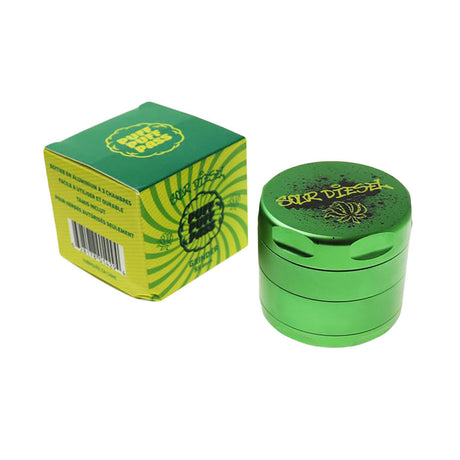 Puff Puff Pass Strain Grinder in green with Sour Diesel design, 4-piece metal, side view with box