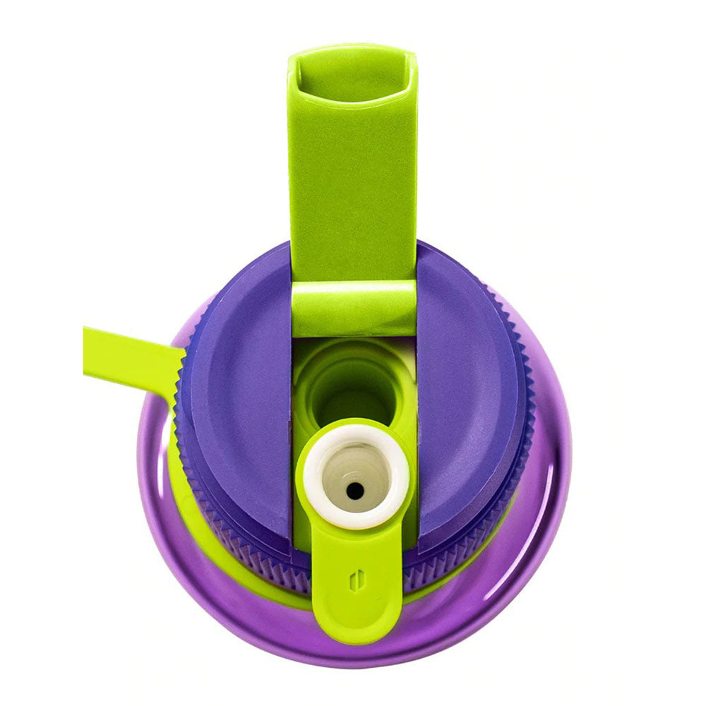Puffco Budsy Water Bottle Water Pipe in purple and green, top view, compact and portable design