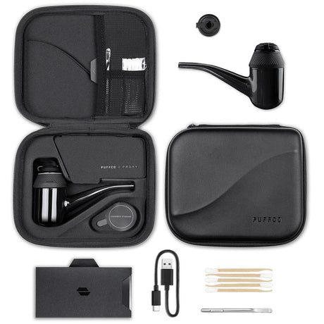 Puffco Proxy Vaporizer kit with ceramic components, USB charger, and carry case